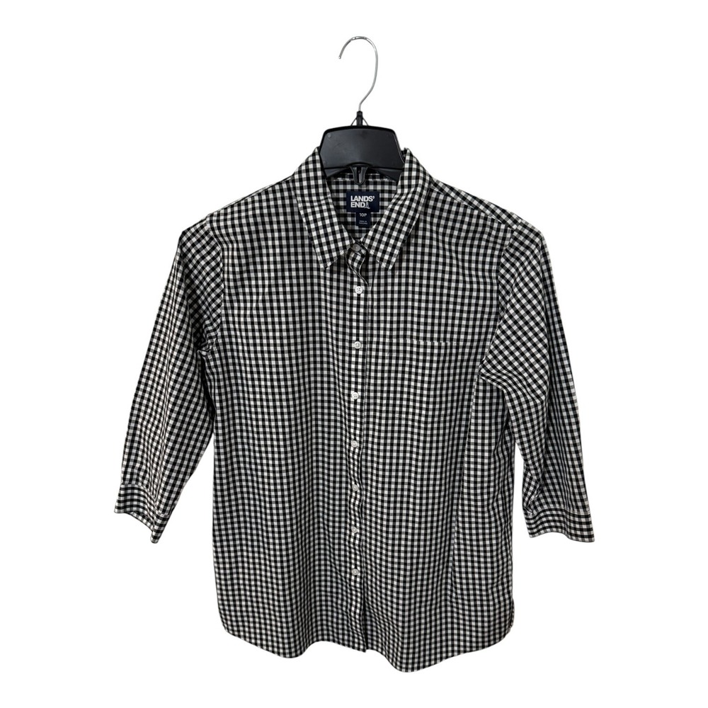 Lands End Womens 10P Gingham Button Down Shirt Black White 3/4 Sleeve Petite